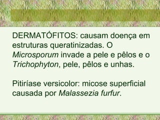 DERMATÓFITOS: causam doença em estruturas queratinizadas. O  Microsporum  invade a pele e pêlos e o  Trichophyton , pele, pêlos e unhas.  Pitiríase versicolor: micose superficial causada por  Malassezia furfur .  