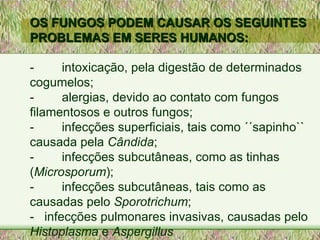 OS FUNGOS PODEM CAUSAR OS SEGUINTES PROBLEMAS EM SERES HUMANOS: - intoxicação, pela digestão de determinados cogumelos; - alergias, devido ao contato com fungos filamentosos e outros fungos; - infecções superficiais, tais como ´´sapinho`` causada pela  Cândida ; - infecções subcutâneas, como as tinhas ( Microsporum ); - infecções subcutâneas, tais como as causadas pelo  Sporotrichum ; -  infecções pulmonares invasivas, causadas pelo  Histoplasma  e  Aspergillus 