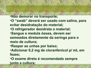 Não demorar no transporte; O “swab” deverá ser usado com salina, para evitar desidratação do material; O refrigerador desidrata o material; Sangue e medula óssea, devem ser semeados diretamente da seringa para o meio de cultura; Raspar as unhas por baixo; Adicionar 0,2 mg de cloranfenicol p/ mL em fezes; O exame direto é recomendado sempre junto a cultura; 
