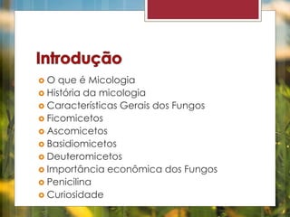  O que é Micologia 
 História da micologia 
 Características Gerais dos Fungos 
 Ficomicetos 
 Ascomicetos 
 Basidiomicetos 
 Deuteromicetos 
 Importância econômica dos Fungos 
 Penicilina 
 Curiosidade 
 