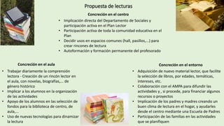 Propuesta de lecturas
• Trabajar diariamente la comprensión
lectora - Creación de un rincón lector en
el aula, con novelas, biografías,... de
género histórico
• Implicar a los alumnos en la organización
de las actividades
• Apoyo de los alumnos en las selección de
fondos para la biblioteca de centro, de
aula,...
• Uso de nuevas tecnologías para dinamizar
la lectura
Concreción en el aula
Concreción en el centro
• Implicación directa del Departamento de Sociales y
participación activa en el Plan Lector
• Participación activa de toda la comunidad educativa en el
Plan
• Decidir usos en espacios comunes (hall, pasillos,...) para
crear rincones de lectura
• Autoformación y formación permanente del profesorado
Concreción en el entorno
• Adquisición de nuevo material lector, que facilite
la selección de libros, por edades, temáticas,
intereses, etc.
• Colaboración con el AMPA para difundir las
actividades y , si procede, para financiar algunos
recursos o proyectos
• Implicación de los padres y madres creando un
buen clima de lectura en el hogar, y ayudarles
desde el centro mediante una Escuela de Padres
• Participación de las familias en las actividades
que se planifiquen
 
