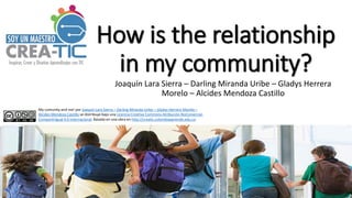 Howistherelationshipin mycommunity? 
Joaquín Lara Sierra –Darling Miranda Uribe –Gladys Herrera Morelo–Alcides Mendoza Castillo 
Mycomunityand me! por Joaquín Lara Sierra –Darling Miranda Uribe –Gladys Herrera Morelo– Alcides Mendoza Castillose distribuye bajo una Licencia CreativeCommonsAtribución-NoComercial- CompartirIgual4.0 Internacional. Basada en una obra en http://creatic.colombiaaprende.edu.co.  