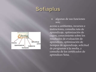  algunas de sus funciones 
son; 
acceso a ambientes, recursos e 
instructores, consulta ruta de 
aprendizaje, optimización de 
cupos, conocimiento sobre los 
resultados de evaluación de 
aprendices, optimización de 
tiempos de aprendizaje, solicitud 
de programas a la media, y 
consulta de los certificados de 
aprendices Sena. 
