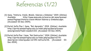Referencias (1/2) 
[1] Sena, “Historia, Visión, Misión, Valores y Símbolos,” 2014. [Online]. 
Available: http://www.sena.edu.co/acerca-del-sena/quienes-somos/ 
Paginas/Historia-Vision-Mision-Valores-y-Simbolos.aspx. 
[Accessed: 03-Dec-2014]. 
[2] Portal Sofía Plus | Sena, “Rol Aprendiz,” 2014. [Online]. Available: 
http://portal.senasofiaplus.edu.co/index.php/ayudas/procesos-sena/ 
aprendiz?task=view&id=222. [Accessed: 03-Dec-2014]. 
[3] Portal Sofía Plus | Sena, “Rol Instructor,” 2014. [Online]. Available: 
http://portal.senasofiaplus.edu.co/index.php/ayudas/rol/70- 
descripcion-roles/ayudas-rol/341-instructor26. [Accessed: 03- 
Dec-2014]. 
 