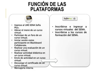 FUNCIÓN DE LAS 
PLATAFORMAS 
• Ingreso al LMS SENA Sofia 
Plus. 
• Ubicar el menú de un curso 
virtual. 
• Participar de un foro de un 
curso virtual. 
• Iniciar sesión como 
participante en Blackboard 
Collaborate. 
• Realizar una evaluación de un 
curso virtual. 
• Realizar actividad didáctica en 
un curso virtual. 
• Envío de actividad en un curso 
virtual. 
• Descargar el certificado de un 
curso virtual. 
• Mensajería interna 
• Inscribirse e ingresar a 
cursos virtuales del SENA. 
• Inscribirse a los cursos de 
formación del SENA. 
