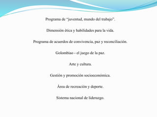 Programa de “juventud, mundo del trabajo”. 
Dimensión ética y habilidades para la vida. 
Programa de acuerdos de convivencia, paz y reconciliación. 
Golombiao - el juego de la paz. 
Arte y cultura. 
Gestión y promoción socioeconómica. 
Área de recreación y deporte. 
Sistema nacional de liderazgo. 
 