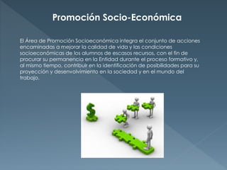 Promoción Socio-Económica 
El Área de Promoción Socioeconómica integra el conjunto de acciones 
encaminadas a mejorar la calidad de vida y las condiciones 
socioeconómicas de los alumnos de escasos recursos, con el fin de 
procurar su permanencia en la Entidad durante el proceso formativo y, 
al mismo tiempo, contribuir en la identificación de posibilidades para su 
proyección y desenvolvimiento en la sociedad y en el mundo del 
trabajo. 
 