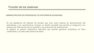 Función de los sistemas
Es una plataforma de software de servidor que sirve como sistema de administración del
aprendizaje y sus características incluyen un diseño escalable que permite la integración con
sistemas de información para el aprendiz y sus protocolos de autenticación.
El objetivo es generar experiencia educativa que permita gestionar enseñanza en línea
colaborativa y un adecuado sistema de datos.
ADMINISTRACIÓN DE APRENDIZAJE (PLATAFORMA BLACKBOARD)
 