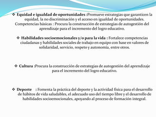  Equidad e igualdad de oportunidades :Promueve estrategias que garanticen la
equidad, la no discriminación y el acceso en igualdad de oportunidades.
Competencias básicas : Procura la construcción de estrategias de autogestión del
aprendizaje para el incremento del logro educativo.
 Habilidades socioemocionales y/o para la vida : Fortalece competencias
ciudadanas y habilidades sociales de trabajo en equipo con base en valores de
solidaridad, servicio, respeto y autonomía, entre otros.
 Cultura :Procura la construcción de estrategias de autogestión del aprendizaje
para el incremento del logro educativo.
 Deporte : Fomenta la práctica del deporte y la actividad física para el desarrollo
de hábitos de vida saludables, el adecuado uso del tiempo libre y el desarrollo de
habilidades socioemocionales, apoyando al proceso de formación integral.
 