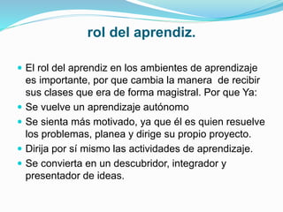 rol del aprendiz.
 El rol del aprendiz en los ambientes de aprendizaje
es importante, por que cambia la manera de recibir
sus clases que era de forma magistral. Por que Ya:
 Se vuelve un aprendizaje autónomo
 Se sienta más motivado, ya que él es quien resuelve
los problemas, planea y dirige su propio proyecto.
 Dirija por sí mismo las actividades de aprendizaje.
 Se convierta en un descubridor, integrador y
presentador de ideas.
 