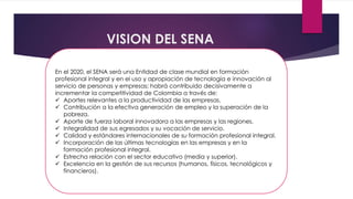 VISION DEL SENA
En el 2020, el SENA será una Entidad de clase mundial en formación
profesional integral y en el uso y apropiación de tecnología e innovación al
servicio de personas y empresas; habrá contribuido decisivamente a
incrementar la competitividad de Colombia a través de:
 Aportes relevantes a la productividad de las empresas.
 Contribución a la efectiva generación de empleo y la superación de la
pobreza.
 Aporte de fuerza laboral innovadora a las empresas y las regiones.
 Integralidad de sus egresados y su vocación de servicio.
 Calidad y estándares internacionales de su formación profesional integral.
 Incorporación de las últimas tecnologías en las empresas y en la
formación profesional integral.
 Estrecha relación con el sector educativo (media y superior).
 Excelencia en la gestión de sus recursos (humanos, físicos, tecnológicos y
financieros).
 