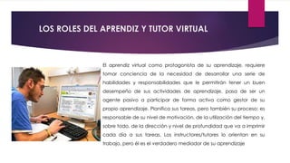 LOS ROLES DEL APRENDIZ Y TUTOR VIRTUAL
El aprendiz virtual como protagonista de su aprendizaje, requiere
tomar conciencia de la necesidad de desarrollar una serie de
habilidades y responsabilidades que le permitirán tener un buen
desempeño de sus actividades de aprendizaje, pasa de ser un
agente pasivo a participar de forma activa como gestor de su
propio aprendizaje. Planifica sus tareas, pero también su proceso; es
responsable de su nivel de motivación, de la utilización del tiempo y,
sobre todo, de la dirección y nivel de profundidad que va a imprimir
cada día a sus tareas. Los instructores/tutores lo orientan en su
trabajo, pero él es el verdadero mediador de su aprendizaje
 