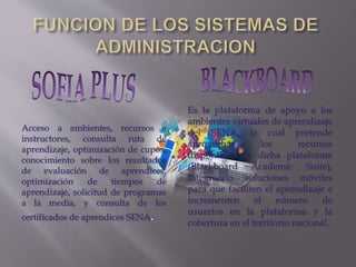 Acceso a ambientes, recursos e
instructores, consulta ruta de
aprendizaje, optimización de cupos,
conocimiento sobre los resultados
de evaluación de aprendices,
optimización de tiempos de
aprendizaje, solicitud de programas
a la media, y consulta de los
certificados de aprendices SENA.
Es la plataforma de apoyo a los
ambientes virtuales de aprendizaje
del SENA, la cual pretende
aprovechar los recursos
disponibles de dicha plataforma
(Blackboard Academic Suite),
integrando soluciones móviles
para que faciliten el aprendizaje e
incrementen el número de
usuarios en la plataforma y la
cobertura en el territorio nacional.
 