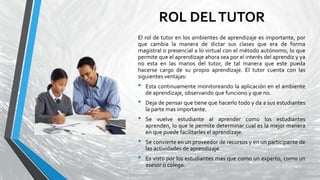 ROL DELTUTOR
El rol de tutor en los ambientes de aprendizaje es importante, por
que cambia la manera de dictar sus clases que era de forma
magistral o presencial a lo virtual con el método autónomo, lo que
permite que el aprendizaje ahora sea por el interés del aprendiz y ya
no esta en las manos del tutor, de tal manera que este pueda
hacerse cargo de su propio aprendizaje. El tutor cuenta con las
siguientes ventajas:
• Esta continuamente monitoreando la aplicación en el ambiente
de aprendizaje, observando que funciono y que no.
• Deja de pensar que tiene que hacerlo todo y da a sus estudiantes
la parte mas importante.
• Se vuelve estudiante al aprender como los estudiantes
aprenden, lo que le permite determinar cual es la mejor manera
en que puede facilitarles el aprendizaje.
• Se convierte en un proveedor de recursos y en un participante de
las actividades de aprendizaje.
• Es visto por los estudiantes mas que como un experto, como un
asesor o colega.
 