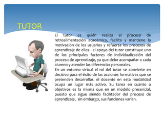 TUTOR 
El tutor es quién realiza el proceso de 
retroalimentación académica, facilita y mantiene la 
motivación de los usuarios y refuerza los procesos de 
aprendizaje de ellos. el apoyo del tutor constituye uno 
de los principales factores de individualización del 
proceso de aprendizaje, ya que debe acompañar a cada 
alumno y atender las diferencias personales. 
En un entorno virtual el rol del tutor se convierte en 
decisivo para el éxito de las acciones formativas que se 
pretenden desarrollar. el docente en esta modalidad 
ocupa un lugar más activo. Su tarea en cuanto a 
objetivos es la misma que en un modelo presencial, 
puesto que sigue siendo facilitador del proceso de 
aprendizaje, sin embargo, sus funciones varían. 
 