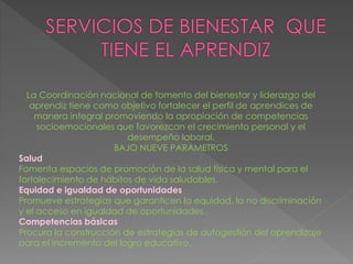 La Coordinación nacional de fomento del bienestar y liderazgo del
aprendiz tiene como objetivo fortalecer el perfil de aprendices de
manera integral promoviendo la apropiación de competencias
socioemocionales que favorezcan el crecimiento personal y el
desempeño laboral.
BAJO NUEVE PARAMETROS
Salud
Fomenta espacios de promoción de la salud física y mental para el
fortalecimiento de hábitos de vida saludables.
Equidad e igualdad de oportunidades
Promueve estrategias que garanticen la equidad, la no discriminación
y el acceso en igualdad de oportunidades.
Competencias básicas
Procura la construcción de estrategias de autogestión del aprendizaje
para el incremento del logro educativo.
 