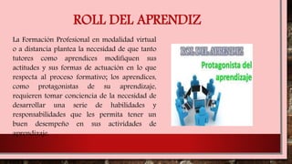 ROLL DEL APRENDIZ
La Formación Profesional en modalidad virtual
o a distancia plantea la necesidad de que tanto
tutores como aprendices modifiquen sus
actitudes y sus formas de actuación en lo que
respecta al proceso formativo; los aprendices,
como protagonistas de su aprendizaje,
requieren tomar conciencia de la necesidad de
desarrollar una serie de habilidades y
responsabilidades que les permita tener un
buen desempeño en sus actividades de
aprendizaje.
 