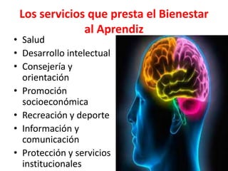 Los servicios que presta el Bienestar
al Aprendiz
• Salud
• Desarrollo intelectual
• Consejería y
orientación
• Promoción
socioeconómica
• Recreación y deporte
• Información y
comunicación
• Protección y servicios
institucionales
 