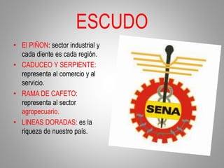 ESCUDO
• El PIÑON: sector industrial y
cada diente es cada región.
• CADUCEO Y SERPIENTE:
representa al comercio y al
servicio.
• RAMA DE CAFETO:
representa al sector
agropecuario.
• LINEAS DORADAS: es la
riqueza de nuestro país.
 