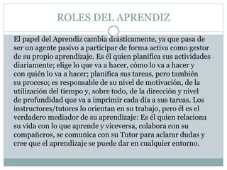 ROLES DEL APRENDIZ
El papel del Aprendiz cambia drásticamente, ya que pasa de
ser un agente pasivo a participar de forma activa como gestor
de su propio aprendizaje. Es él quien planifica sus actividades
diariamente; elige lo que va a hacer, cómo lo va a hacer y
con quién lo va a hacer; planifica sus tareas, pero también
su proceso; es responsable de su nivel de motivación, de la
utilización del tiempo y, sobre todo, de la dirección y nivel
de profundidad que va a imprimir cada día a sus tareas. Los
instructores/tutores lo orientan en su trabajo, pero él es el
verdadero mediador de su aprendizaje: Es él quien relaciona
su vida con lo que aprende y viceversa, colabora con su
compañeros, se comunica con su Tutor para aclarar dudas y
cree que el aprendizaje se puede dar en cualquier entorno.
 