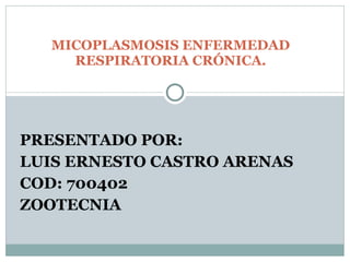 PRESENTADO POR:  LUIS ERNESTO CASTRO ARENAS COD: 700402 ZOOTECNIA MICOPLASMOSIS ENFERMEDAD RESPIRATORIA CRÓNICA. 