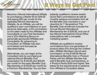 9 Ways to Get Paid
Become a Micoré International Affiliate   instantly qualified to receive weekly
by purchasing a Starter Kit for $29.95    Quick Start commissions as well as
and paying $20 per month for the          monthly residual commission from all
replicated Micoré International           the Benefits Club members in your
Website. As an Affiliate, you will be     downline for 7 Generations! The
qualified to earn commissions on your     Benefits Club enrollment includes the
personal retail sales, a 5% commission    Annual Micoré International
on the sales made by the Affiliates and   Membership fee of $29.95, and one of
Consultants on your first Generation,     two Micoré International Virtual Office
and a 25% Matching Bonus on               subscriptions with a complete
personally sponsored Affiliates and       marketing system.
Consultants. By advancing to
Consultant, an Affiliate may earn         Affiliates are qualified to receive
commission and bonuses as                 commissions from one generation of
described below.                          product sales (5%) through the Unilevel
                                          plan. Affiliate Members cannot earn
Alternatively, you can begin at the       commission on the $149.95 Micoré
Consultant rank by purchasing an          International Benefits Club or Product
optional Micoré Benefits Club             Packs until the Affiliate Member has
subscription for $149.95 plus $59.95      sold 6 Benefits Club memberships, or
per month for the basic Benefits Club     4 Product Packs $250 and higher. See
Membership or $129.95 per month for       below for the requirements to advance
a Premium Membership. You are then        from Affiliate to Consultant status.
 