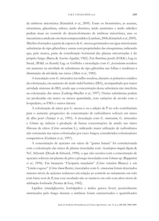 U.M.T. CAVALCANTE et al.

189

da simbiose micorrízica (Kiriachek et al., 2009). Entre os fitormônios, as auxinas,
citocininas, giberelinas, etileno, ácido abscísico, ácido jasmônico e ácido salicílico
podem atuar no controle do desenvolvimento da simbiose micorrízica, mas os
mecanismos ainda não são bem compreendidos (Lambais, 2006; Kiriachek et al., 2009).
Micélios formados a partir de esporos de G. mosseae germinados em água sintetizaram
substâncias do tipo giberelina e outras com propriedades das citoquininas, indicando
que, pelo menos, parte da contribuição hormonal das plantas micorrizadas é do
próprio fungo (Barea & Azcón–Aguilar, 1982). Em Bouteloua gracilis (H.B.K.) Lag ex
Steud, (Willd. ex Kunth) Lag. ex Griffiths a inoculação com G. fasciculatum resultou
em aumento na atividade de substâncias do tipo giberelina nas folhas e tendência à
diminuição da atividade nas raízes (Allen et al., 1982).
A inoculação com G. intraradices em milho resultou, durante os primeiros estádios
da colonização, em aumento do ácido indol butírico (IBA), acompanhado por maior
atividade sintetase do IBA, sendo que a concentração dessa substância não interferiu
na colonização das raízes (Ludwig–Mueller et al., 1997). Outras substâncias podem
ser produzidas em maior ou menor quantidade, com variações de acordo com o
hospedeiro, os FMA e outros fatores.
A colonização de raízes por G. mosseae e ou a adição de P no solo contribuíram
para o aumento progressivo da concentração de carboidratos solúveis em raízes
de alho poró (Amijeé et al., 1993). A inoculação com G. etunicatum, G. intraradices
e Glomus sp. induziu à produção de baixas concentrações de amido nas raízes
fibrosas de citros (Citrus aurantium L.), indicando maior utilização de carboidratos
não estruturais nas raízes colonizadas por esses fungos, considerados colonizadores
competitivos (Graham et al., 1997).
A concentração de açúcares em raízes de “grama baiana” foi correlacionada
com a colonização das raízes de plantas inoculadas com Acaulospora longula Spain &
N.C. Schenck (Douds & Schenck, 1990), o que não ocorreu com a concentração de
açucares solúveis em plantas de pêra e pêssego inoculadas com Glomus sp. (Rapparini
et al., 1994). Em laranjeira “Cleópatra mandarin” (Citrus reticulata Blanco) e em
“Limão rugoso” (Citrus limon Burm.) inoculados com G. etunicatum foram detectados
maiores níveis de açúcares redutores em relação ao controle no tratamento em solo
com baixo teor de P, mas esse resultado não se manteve em solo com altos níveis de
adubação fosfatada (Nemec & Guy, 1982).
Lipídios (triacilgliceróis, fosfolipídios e ácidos graxos livres) possivelmente
sintetizados pelo fungo durante a simbiose foram caracterizados e quantificados
Anais da Academia Pernambucana de Ciência Agronômica, vols. 5 e 6, p.180-208, 2008-2009.

 