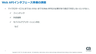 9
Web APIインタフェース準備の課題
• マイクロサービスとまではいかないまでもWeb API化の必要があり直近で対応しないといけない。
 フィンテック
 外部連携
 モバイルアプリケーション対応
など
Copyright © 2017 CA. All rights reserved. All trademarks, trade names, service marks and logos referenced herein belong to their respective companies.
 