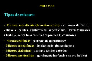 Tipos de micoses: - Micoses superficiais (dermatomicoses)   - ao longo de fios de cabelo e células epidérmicas superficiais: Dermatomicoses (Tinha)- Piedra branca - Piedra preta- Onicomicoses -  Micoses cutâneas  - secreção de queratinases  - Micoses subcutâneas   - implantação abaixo da pele - Micoses sistêmicas   - acomete tecidos e órgãos - Micoses oportunistas   - geralmente inofensivo no seu habitat MICOSES 