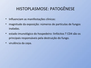 HISTOPLASMOSE: PATOGÊNESE
• Influenciam as manifestações clínicas:
• magnitude da exposição: números de partículas de fungos
inaladas.
• estado imunológico do hospedeiro: linfócitos T CD4 são os
principais responsáveis pela destruição do fungo.
• virulência da cepa.
 