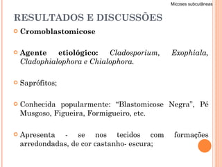 RESULTADOS E DISCUSSÕES Cromoblastomicose Agente etiológico:  Cladosporium, Exophiala, Cladophialophora e Chialophora.  Saprófitos;  Conhecida popularmente: “Blastomicose Negra”, Pé Musgoso, Figueira, Formigueiro, etc. Apresenta - se nos tecidos com formações arredondadas, de cor castanho- escura; Micoses subcutâneas 