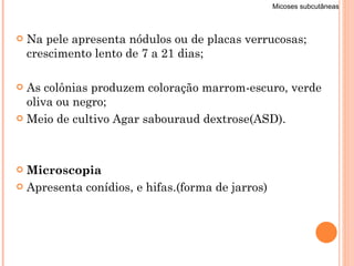Na pele apresenta nódulos ou de placas verrucosas; crescimento lento de 7 a 21 dias; As colônias produzem coloração marrom-escuro, verde oliva ou negro;  Meio de cultivo Agar sabouraud dextrose(ASD). Microscopia Apresenta conídios, e hifas.(forma de jarros)  Micoses subcutâneas 