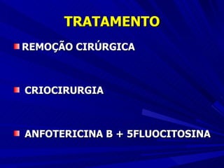 TRATAMENTO REMOÇÃO CIRÚRGICA CRIOCIRURGIA ANFOTERICINA B + 5FLUOCITOSINA 