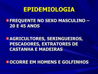 EPIDEMIOLOGIA FREQUENTE NO SEXO MASCULINO – 20 E 45 ANOS AGRICULTORES, SERINGUEIROS, PESCADORES, EXTRATORES DE CASTANHA E MADEIRAS OCORRE EM HOMENS E GOLFINHOS 