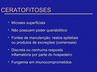 CERATOFITOSES
    Micoses superficiais
    Não possuem poder queratolítico
    Fontes de manutenção: restos epiteliais
     ou produtos de excreções (comensais)
    Discreta ou nenhuma resposta
     inflamatória por parte do hospedeiro
    Fungemia em imunocomprometidos
 