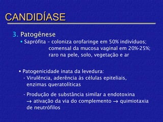 CANDIDÍASE
 3. Patogênese
    Saprófita – coloniza orofaringe em 50% indivíduos;
               comensal da mucosa vaginal em 20%-25%;
               raro na pele, solo, vegetação e ar


   Patogenicidade inata da levedura:
    - Virulência, aderência às células epiteliais,
      enzimas queratolíticas

    - Produção de substância similar a endotoxina
      → ativação da via do complemento → quimiotaxia
      de neutrófilos
 