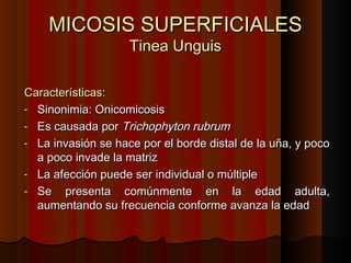 MICOSIS SUPERFICIALESMICOSIS SUPERFICIALES
Tinea UnguisTinea Unguis
Características:Características:
- Sinonimia: OnicomicosisSinonimia: Onicomicosis
- Es causada porEs causada por Trichophyton rubrumTrichophyton rubrum
- La invasión se hace por el borde distal de la uña, y pocoLa invasión se hace por el borde distal de la uña, y poco
a poco invade la matriza poco invade la matriz
- La afección puede ser individual o múltipleLa afección puede ser individual o múltiple
- Se presenta comúnmente en la edad adulta,Se presenta comúnmente en la edad adulta,
aumentando su frecuencia conforme avanza la edadaumentando su frecuencia conforme avanza la edad
 
