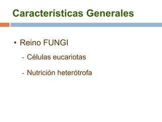 Características Generales
• Reino FUNGI
- Células eucariotas
- Nutrición heterótrofa
 