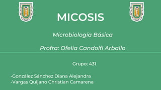MICOSIS
Grupo: 431
-González Sánchez Diana Alejandra
-Vargas Quijano Christian Camarena
Microbiología Básica
Profra: Ofelia Candolfi Arballo
 