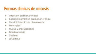 Formas clínicas de micosis
● Infección pulmonar inicial
● Coccidioidomicosis pulmonar crónica
● Coccidioidomicosis diseminada
● Meningitis
● Hueso y articulaciones
● Genitourinaria
● Cutánea
● Oftálmica
 