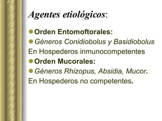 Agentes etiológicos : Orden Entomoftorales: Géneros Conidiobolus y Basidiobolus En Hospederos inmunocompetentes Orden Mucorales: Géneros Rhizopus, Absidia, Mucor . En Hospederos no competentes . 