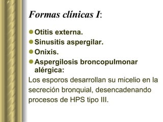 Formas clínicas I : Otitis externa. Sinusitis aspergilar. Onixis. Aspergilosis broncopulmonar alérgica: Los esporos desarrollan su micelio en la secreción bronquial, desencadenando procesos de HPS tipo III. 
