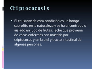Criptococosis El causante de esta condición es un hongo saprófito en la naturaleza y se ha encontrado o aislado en jugo de frutas, leche que proviene de vacas enfermas con mastitis por criptococus y en la piel y tracto intestinal de algunas personas. 