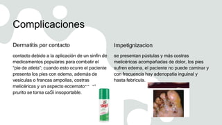 Complicaciones
Dermatitis por contacto
contacto debido a la aplicación de un sinfín de
medicamentos populares para combatir el
“pie de atleta”; cuando esto ocurre el paciente
presenta los pies con edema, además de
vesículas o francas ampollas, costras
melicéricas y un aspecto eccematoso, el
prurito se torna caSi insoportable.
Impetignizacion
se presentan pústulas y más costras
melicéricas acompañadas de dolor, los pies
sufren edema, el paciente no puede caminar y
con frecuencia hay adenopatía inguinal y
hasta febrícula.
 