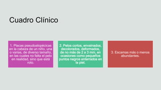 Cuadro Clínico
1. Placas pseudoalopécicas
en la cabeza de un niño, una
o varias, de diverso tamaño,
en las cuales no falta el pelo
en realidad, sino que está
roto.
2. Pelos cortos, envainados,
decolorados, deformados,
de no más de 2 a 3 mm, en
ocasiones como pequeños
puntos negros enterrados en
la piel.
3. Escamas más o menos
abundantes.
 
