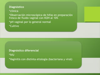 Diagnóstico 
*clínica 
*Observación microscópica de hifas en preparación 
fresca de fluido vaginal con KOH al 10% 
*pH vaginal por lo general normal 
*Cultivo 
Diagnóstico diferencial 
*IVU 
*Vaginitis con distinta etiología (bacteriana y viral) 
 