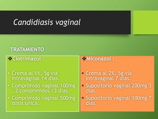 Candidiasis vaginal 
TRATAMIENTO 
Clotrimazol : 
• Crema al 1%, 5g vía 
intravaginal 14 días. 
• Comprimido vaginal 100mg 
, 2 comprimidos /3 días. 
• Comprimido vaginal 500mg 
dosis única. 
Miconazol : 
• Crema al 2%, 5g vía 
intravaginal 7 días. 
• Supositorio vaginal 200mg 3 
días. 
• Supositorio vaginal 100mg 7 
días. 
 