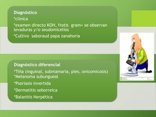 Diagnóstico 
*clínica 
*examen directo KOH, frotis gram+ se observan 
levaduras y/o seudomicelios 
*Cultivo saboraud papa zanahoria 
Diagnóstico diferencial 
*Tiña (inguinal, submamaria, pies, onicomicosis) 
*Melanoma subungueal 
*Psoriasis invertida 
*Dermatitis seborreica 
*Balanitis Herpética 
 