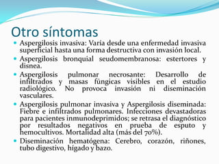 Otro síntomas 
 
Aspergilosis invasiva: Varía desde una enfermedad invasiva superficial hasta una forma destructiva con invasión local. 
 
Aspergilosis bronquial seudomembranosa: estertores y disnea. 
 
Aspergilosis pulmonar necrosante: Desarrollo de infiltrados y masas fúngicas visibles en el estudio radiológico. No provoca invasión ni diseminación vasculares. 
 
Aspergilosis pulmonar invasiva y Aspergilosis diseminada: Fiebre e infiltrados pulmonares. Infecciones devastadoras para pacientes inmunodeprimidos; se retrasa el diagnóstico por resultados negativos en prueba de esputo y hemocultivos. Mortalidad alta (más del 70%). 
 
Diseminación hematógena: Cerebro, corazón, riñones, tubo digestivo, hígado y bazo.  