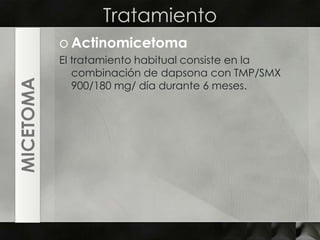 TratamientoActinomicetomaEl tratamiento habitual consiste en la combinación de dapsona con TMP/SMX 900/180 mg/ día durante 6 meses.MICETOMA